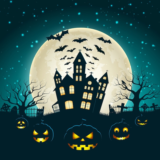 Vecteur gratuit illustration d'halloween avec la silhouette du château à la lune rougeoyante et les arbres morts près du cimetière traverse à plat