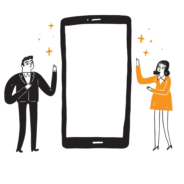 Vecteur gratuit illustration de l'homme et de la femme pour guider l'écran du smartphone