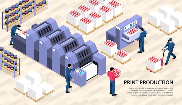 Vecteur gratuit illustration horizontale isométrique de production d'impression avec consommables d'imprimante d'équipement polygraphique et caractères de travailleur