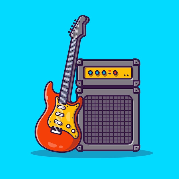 Vecteur gratuit illustration d'icône de dessin animé de guitare et système sonore. concept d'icône d'équipement de musique