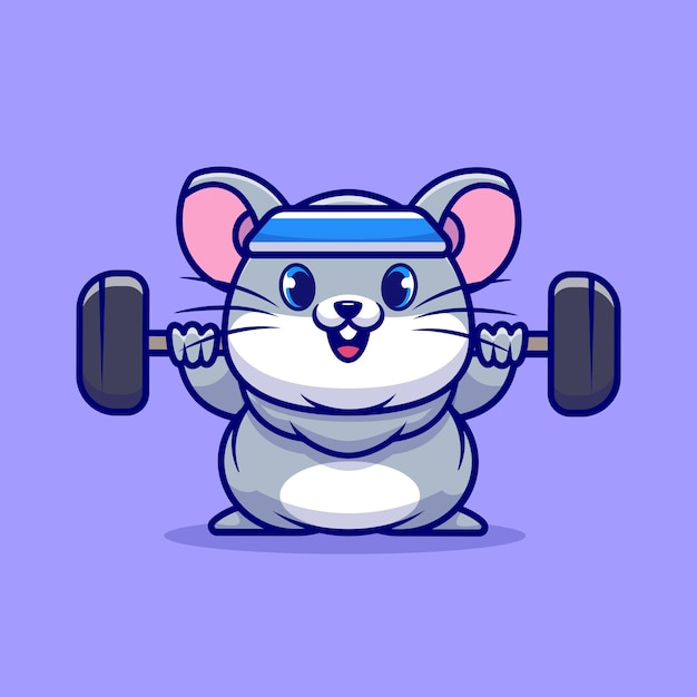 Vecteur gratuit illustration d'icône de dessin animé mignon souris haltères de levage. concept d'icône de sport animal isolé. style de bande dessinée plat