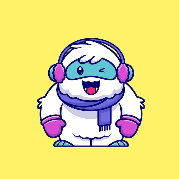 Vecteur gratuit illustration d'icône de dessin animé mignon yeti portant écharpe, gant et cache-oreilles. concept d'icône hiver animal isolé. style de bande dessinée plat