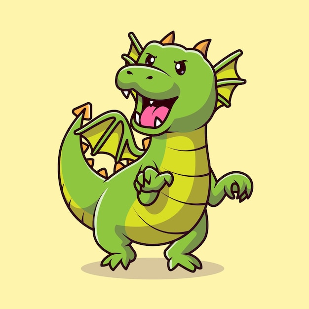 Vecteur gratuit illustration d'icône de vecteur de dessin animé de dragon vert en colère mignon. concept d'icône nature animale isolé plat
