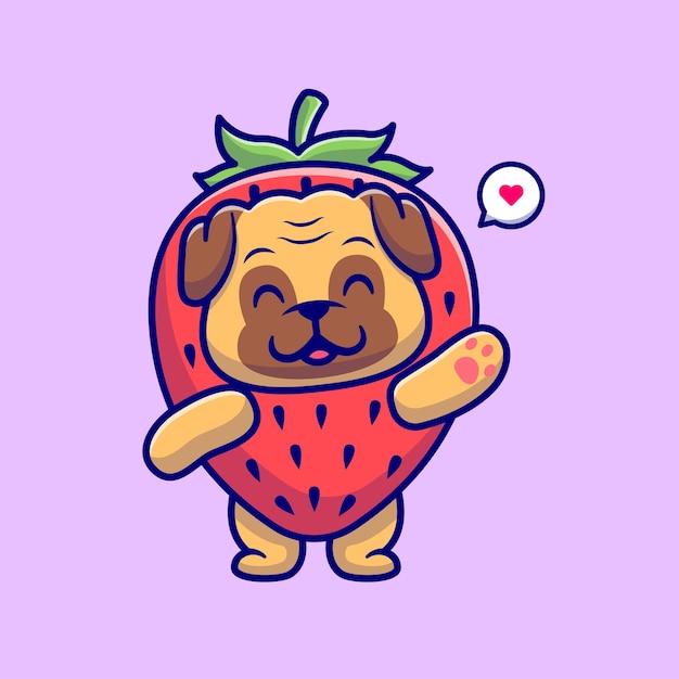 Illustration D'icône De Vecteur De Dessin Animé De Fraise De Chien De Carlin Mignon. Concept D'icône De Fruits Animaux Isolé Premium