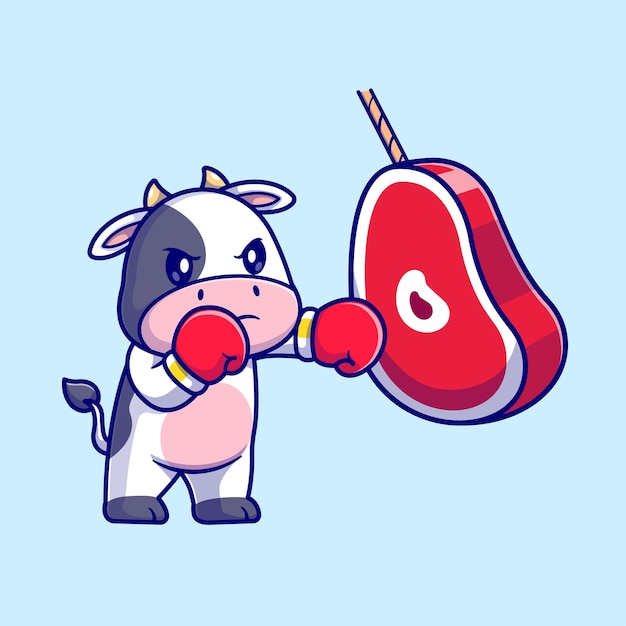 Vecteur gratuit illustration d'icône de vecteur de dessin animé de steak de viande de boxe de vache mignonne. concept d'icône de sport animal isolé
