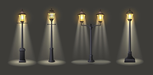 Vecteur gratuit illustration d'icône vectorielle 3d réaliste lampes de rue avec lumière sur fond sombre