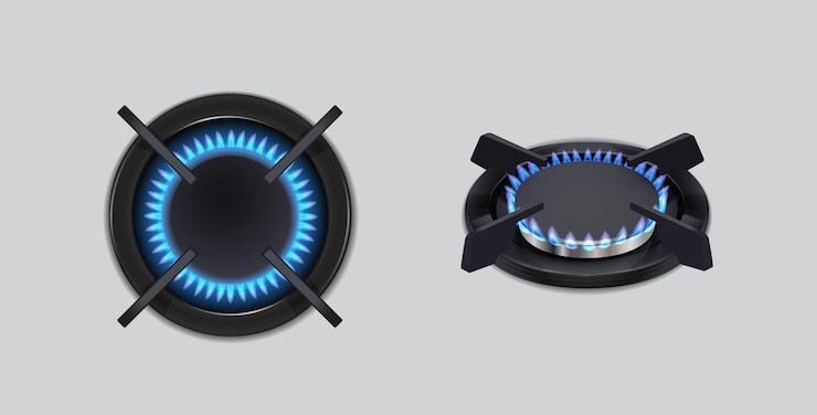 Vecteur gratuit illustration d'icône vectorielle réaliste appareil de cuisine poêle à gaz brûleur de feu bleu en haut