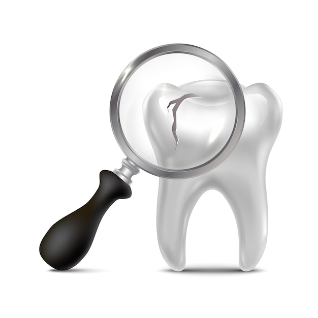 Vecteur gratuit illustration d'icône vectorielle réaliste clinique dentaire dent cassée avec loupe