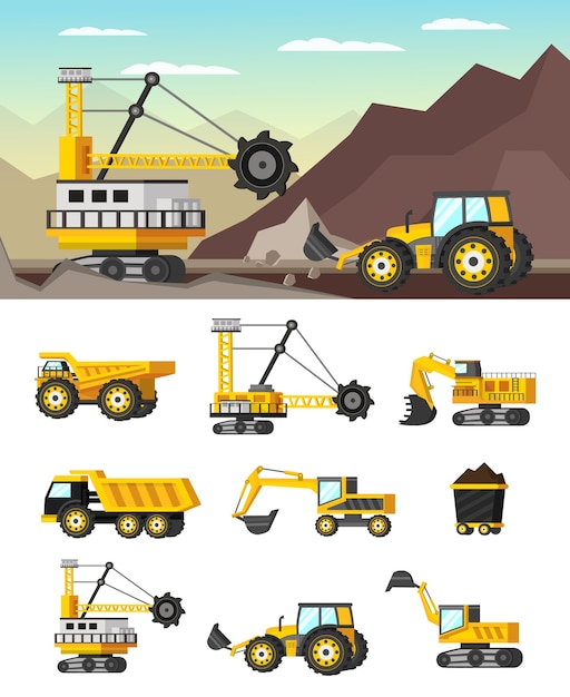 Vecteur gratuit illustration et icônes du concept orthogonal de l'industrie minière