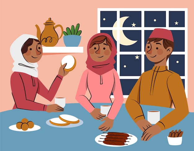 Vecteur gratuit illustration de l'iftar dessiné à la main avec des gens