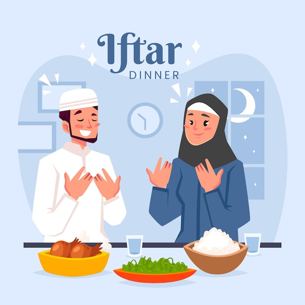 Illustration De L'iftar Dessiné à La Main Avec Des Personnes Ayant Un Repas