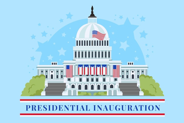 Illustration De L'inauguration Présidentielle Avec Pour La Maison Blanche Des états-unis Et Des Drapeaux Américains