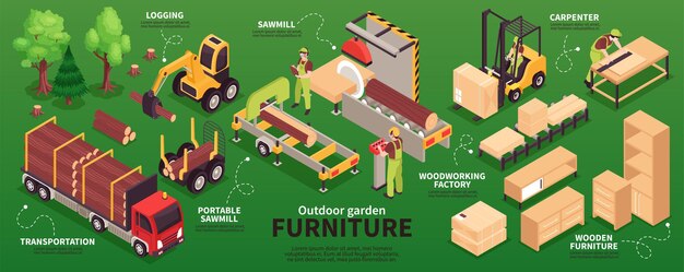 Illustration d'infographie de production de meubles en bois isométrique