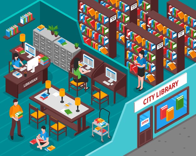Illustration isométrique de la bibliothèque municipale
