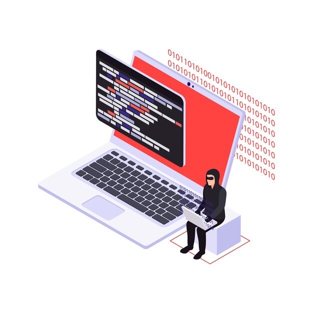 Illustration isométrique de la cybersécurité avec ordinateur et personnage de pirate informatique