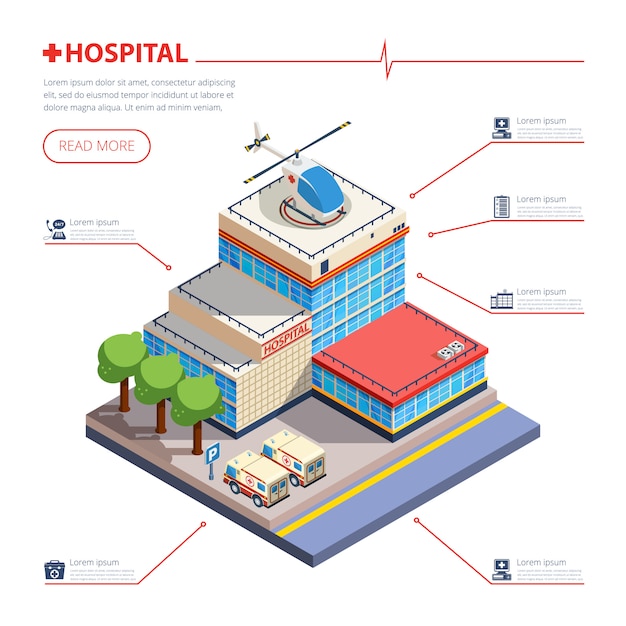 Vecteur gratuit illustration isométrique du bâtiment de l'hôpital