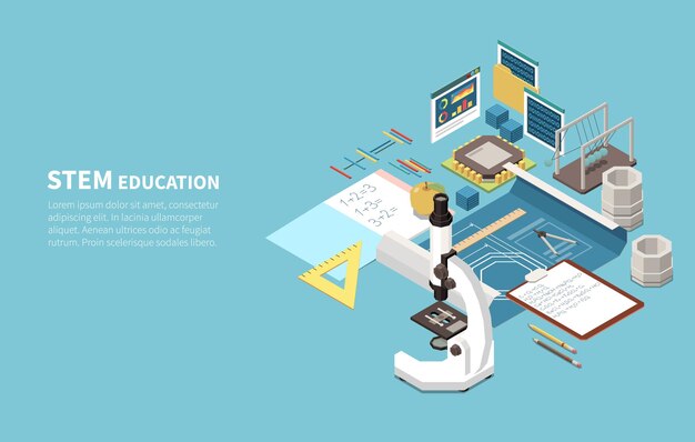 Illustration isométrique de l & # 39; éducation STEM avec des blocs de construction de technologie de microscope électronique de sciences naturelles