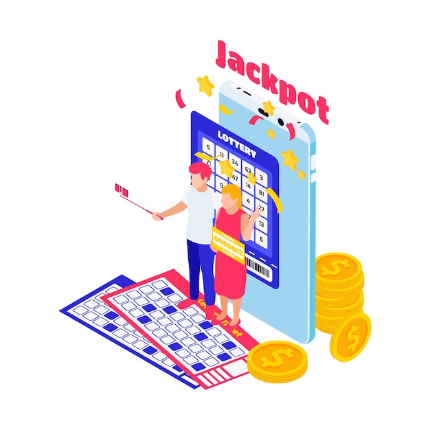 Vecteur gratuit illustration isométrique de jackpot avec des billets de gagnants de loterie pièces de monnaie 3d