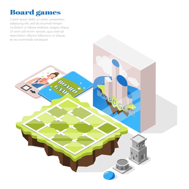 Vecteur gratuit illustration isométrique de jeux de société avec boîte d'emballage de terrain de jeu et brochure avec description