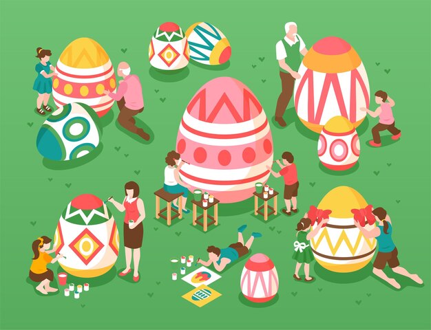 Illustration isométrique de Pâques avec des enfants et des personnages adultes peignant des oeufs