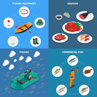 Illustration isométrique de pêche sertie de symboles de poisson commercial illustration isolée