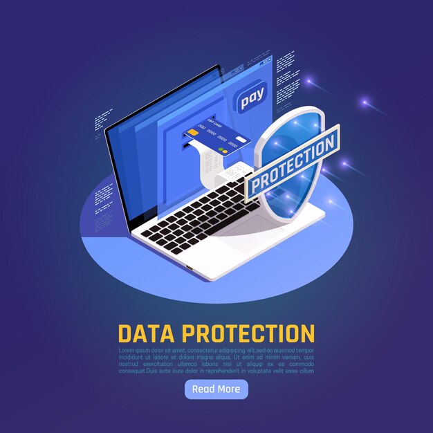 Illustration isométrique de la protection des données de confidentialité gdpr avec bouton en savoir plus et ordinateur portable avec bouclier