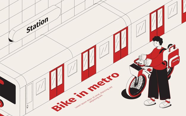 Illustration isométrique de la station de métro avec un jeune passager avec son vélo en attente de train