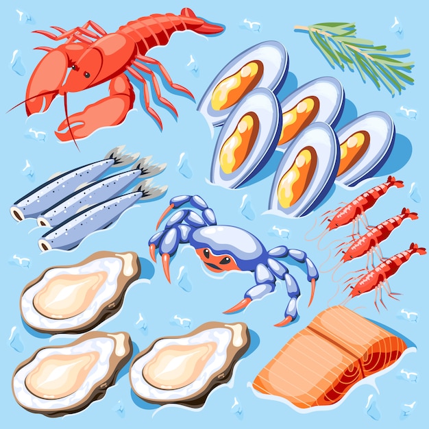 Vecteur gratuit illustration isométrique de superaliment de poisson avec des moules crevettes crevettes crevettes huîtres homard