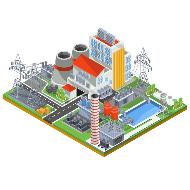 Illustration isométrique vectorielle d&#39;une centrale nucléaire pour la production d&#39;énergie électrique