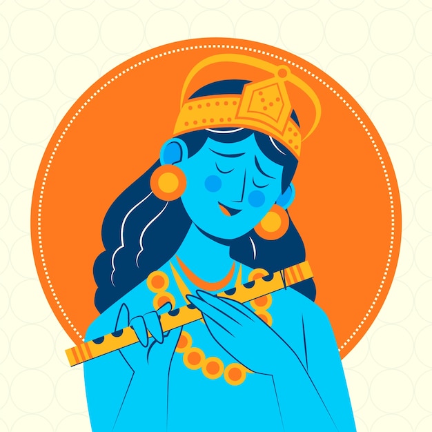 Vecteur gratuit illustration de janmashtami plat avec krishna et flûte