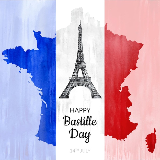 Vecteur gratuit illustration de jour de bastille aquarelle peinte à la main