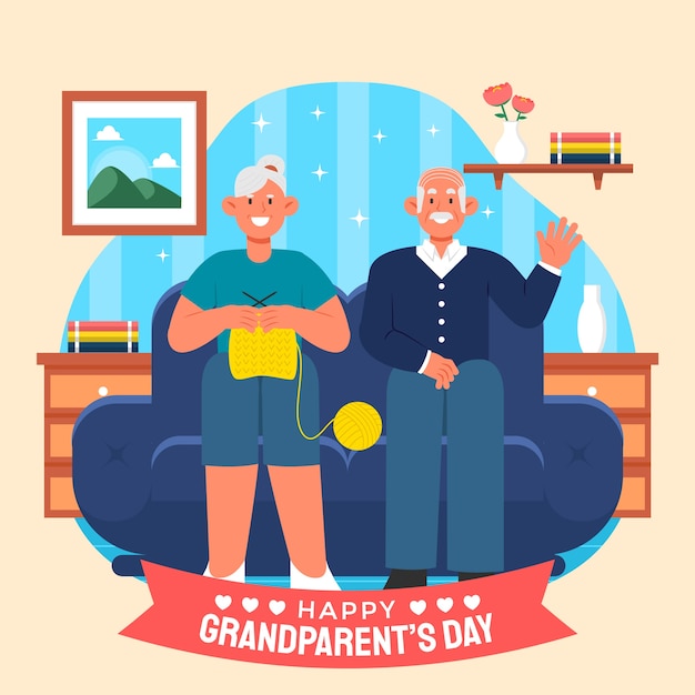 Vecteur gratuit illustration de la journée des grands-parents plats avec un couple de personnes âgées sur le canapé en train de tricoter et d'agiter