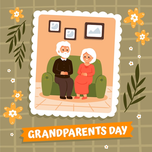 Vecteur gratuit illustration de la journée des grands-parents plats avec photo d'un couple de personnes âgées