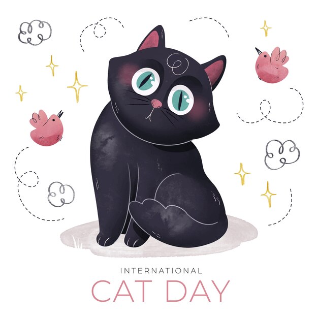 Illustration de la journée internationale du chat aquarelle avec chat noir