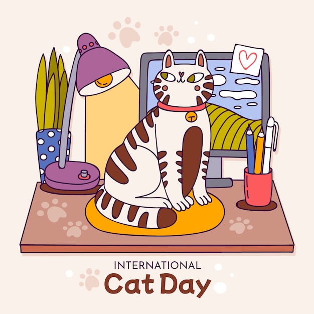 Vecteur gratuit illustration de la journée internationale du chat dessinée à la main