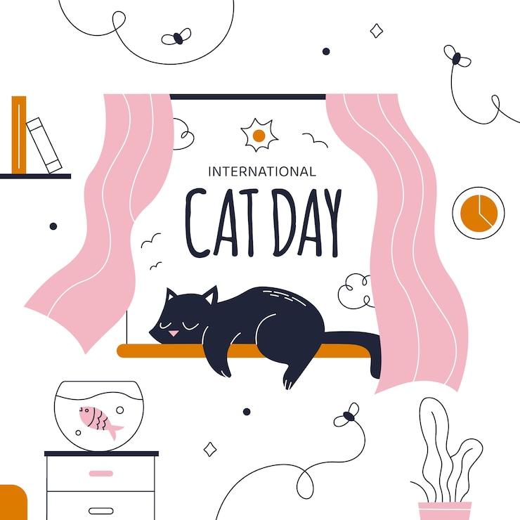 Vecteur gratuit illustration de la journée internationale du chat plat avec chat