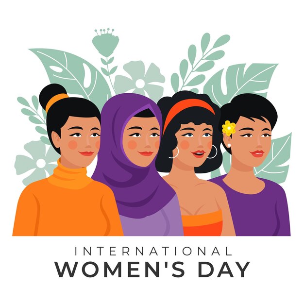 Illustration de la journée internationale de la femme dessinée à la main avec des femmes et des feuilles