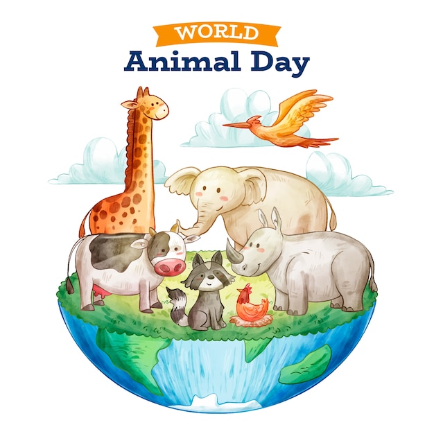 Vecteur gratuit illustration de la journée mondiale des animaux aquarelle