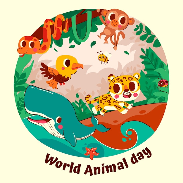 Vecteur gratuit illustration de la journée mondiale des animaux dessinés à la main