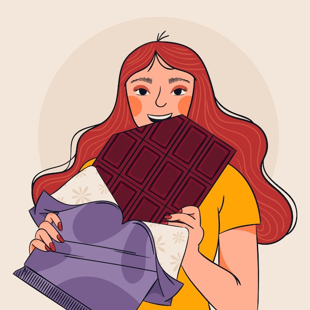 Vecteur gratuit illustration de la journée mondiale du chocolat dessinée à la main avec une femme mangeant du chocolat