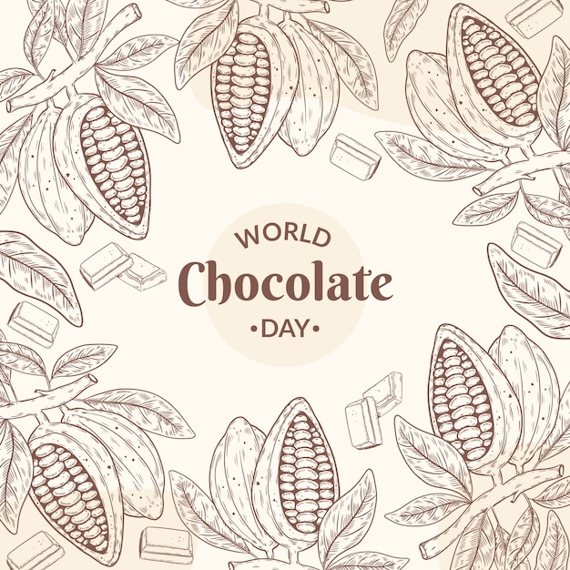 Vecteur gratuit illustration de la journée mondiale du chocolat dessinée à la main avec des fèves de cacao