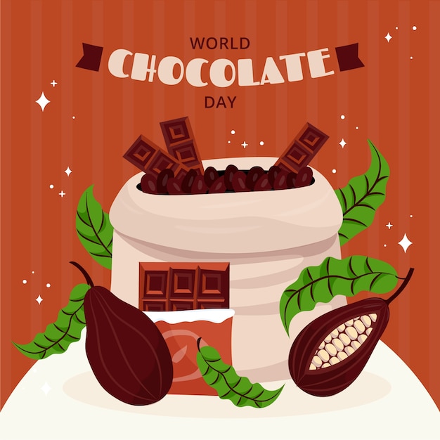 Vecteur gratuit illustration de la journée mondiale du chocolat plat avec des fèves de cacao