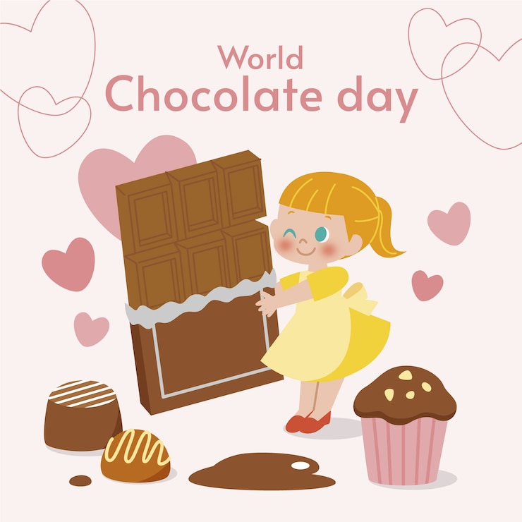Vecteur gratuit illustration de la journée mondiale du chocolat plat avec une fille tenant une barre de chocolat