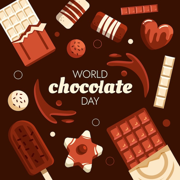 Vecteur gratuit illustration de la journée mondiale du chocolat plat avec des friandises au chocolat