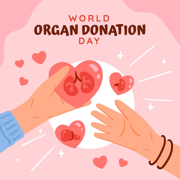 Illustration de la journée mondiale du don d'organes plat avec des mains tenant des organes