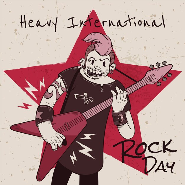 Illustration de la journée mondiale du rock dessinée à la main avec un musicien jouant de la guitare