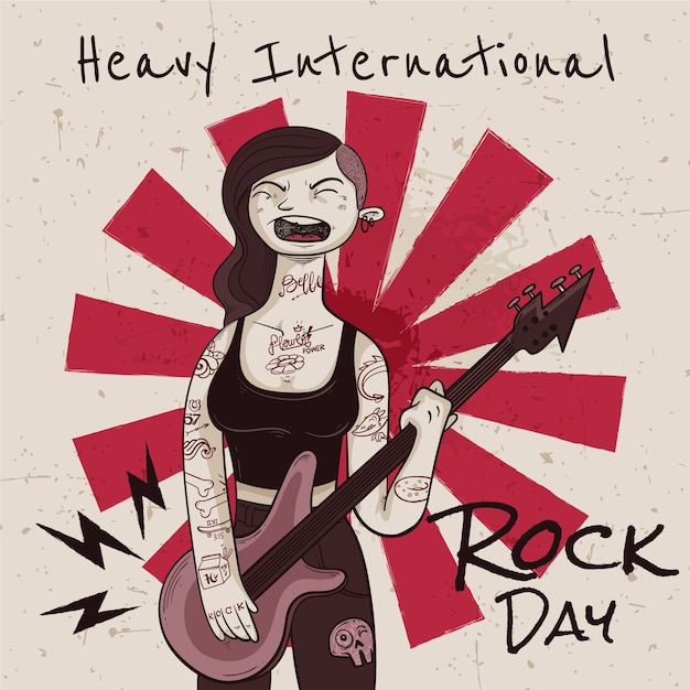 Vecteur gratuit illustration de la journée mondiale du rock dessinée à la main avec un musicien jouant de la guitare