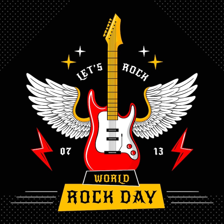Vecteur gratuit illustration de la journée mondiale du rock plat avec guitare et ailes