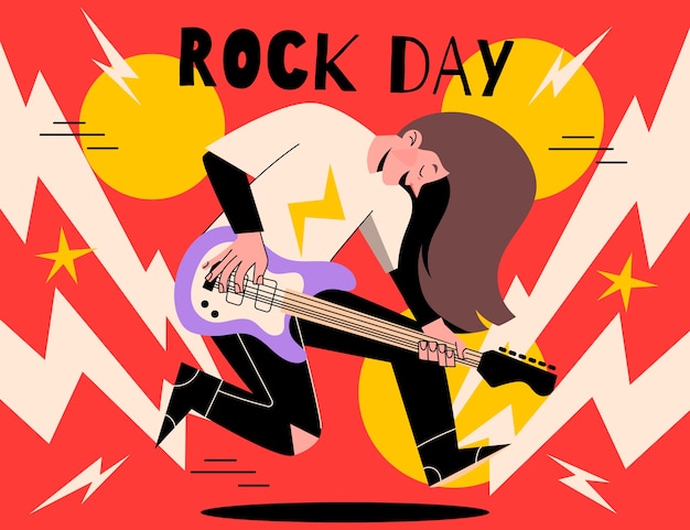 Vecteur gratuit illustration de la journée mondiale du rock plat avec musicien jouant de la guitare