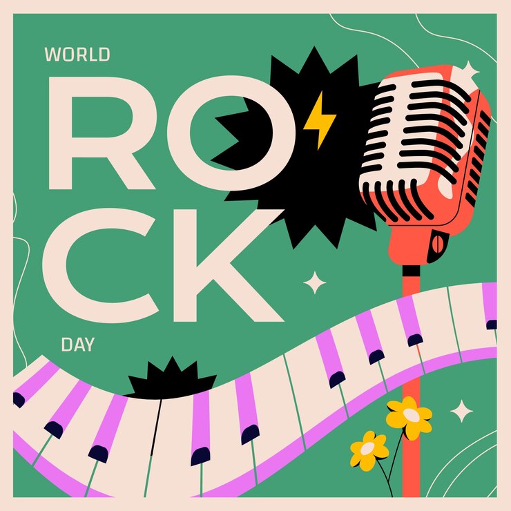 Vecteur gratuit illustration de la journée mondiale du rock plat avec touches de piano et microphone